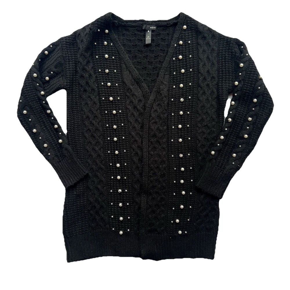AQUA Cardigan Faux Pearl Trim Long Sleeve Open Front Sweater Black Women’s S